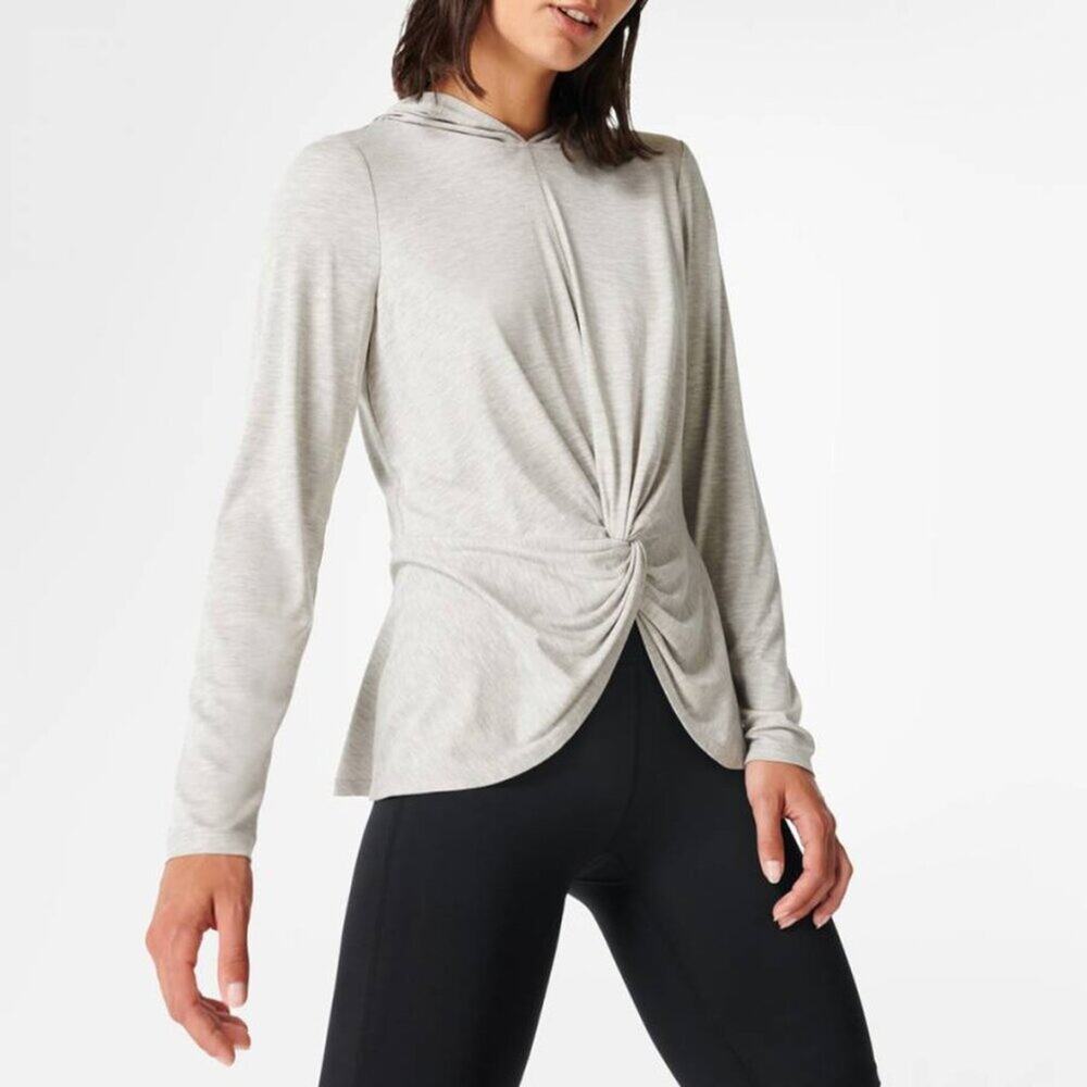 SWEATY BETTY TORI TWIST FRONT HOODED PULLOVER GREY LONG SLEEVE HOODIE SIZE US 6
